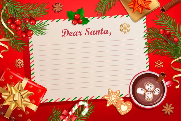 Рождественский Шаблон Письма Санта Клаусу Подарочными Коробками Бантами Конфеткой Какао — стоковый вектор