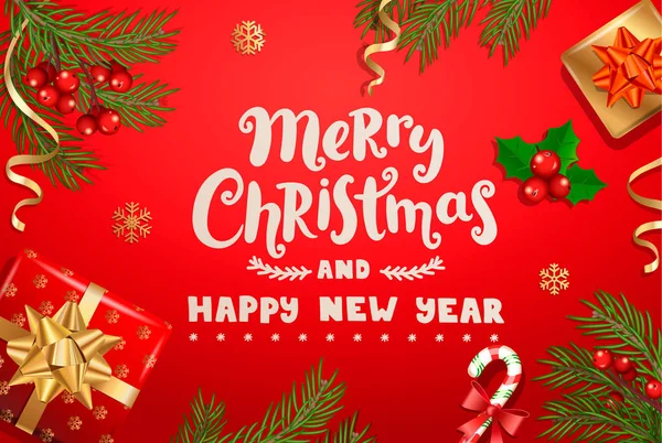 圣诞快乐 新年快乐 希望在红色的背景与蝴蝶结 糖果棒 树枝盒 — 图库矢量图片