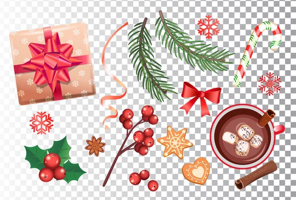 クリスマスのアイコンを設定すると 伝統的な装飾の弓 キャンディケイン マシュマロとココア シナモン 小ぎれいなな枝と Gingerbreads リボン 赤ヤドリギとギフト ボックス雪 — ストックベクタ