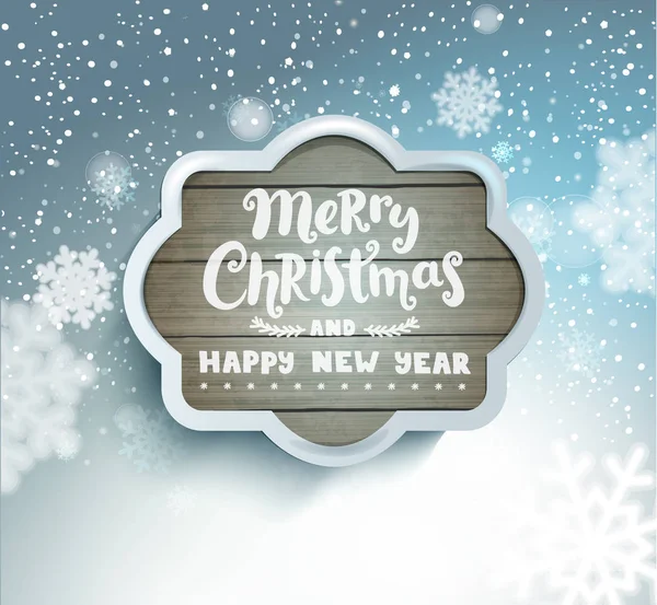 圣诞快乐 新年快乐 灰色木框中的灰色木框 在模糊的雪背景与雪花 — 图库矢量图片