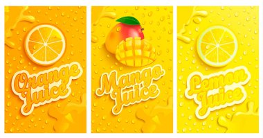 Taze ve soğuk limon, mango, portakal suları ile şablonları 