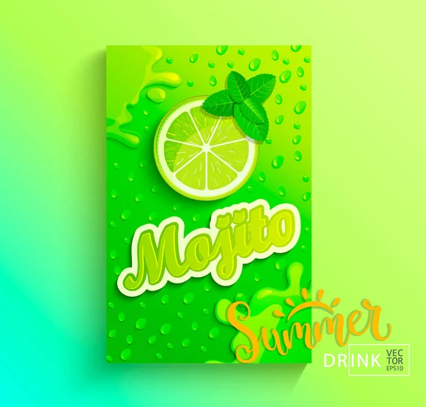 Fresh Mojito Banner Drops Green Background — Stock Vector