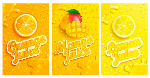 Set of templates with fresh and cold lemon,mango,orange juices 