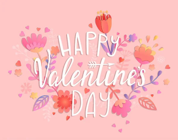Feliz Cartão Dia Dos Namorados Fundo Rosa Com Ornamento Floral —  Vetores de Stock