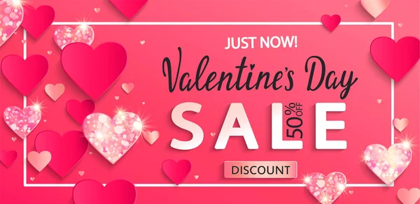 Banner Venta Día San Valentín Con Corazones Purpurina Brillante Papel — Vector de stock