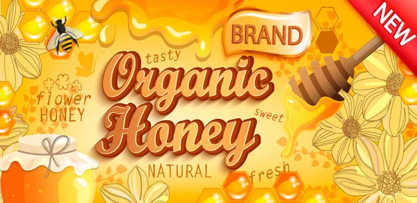 Natural Organic Honey Banner Honeycombs Flowers Heather Bee Full Glass — Stock Vector