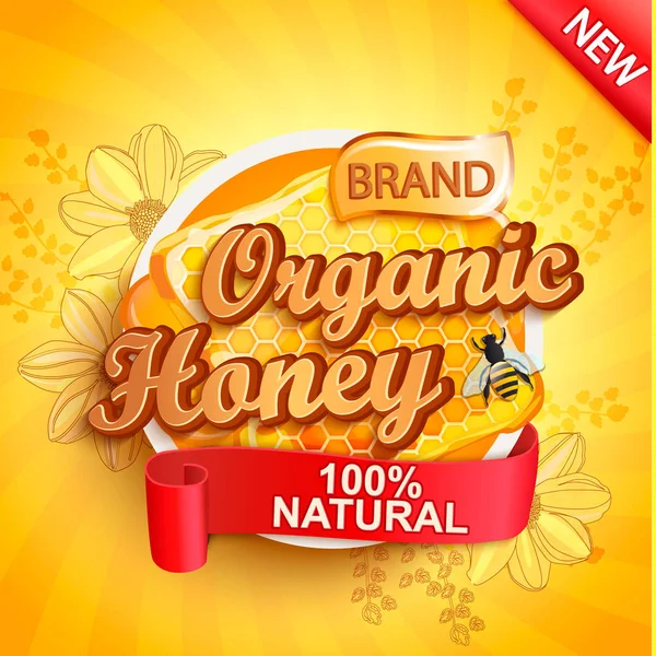 Honey Organic Label Splash Natural Fresh Gold Sunburst Background — Stock Vector