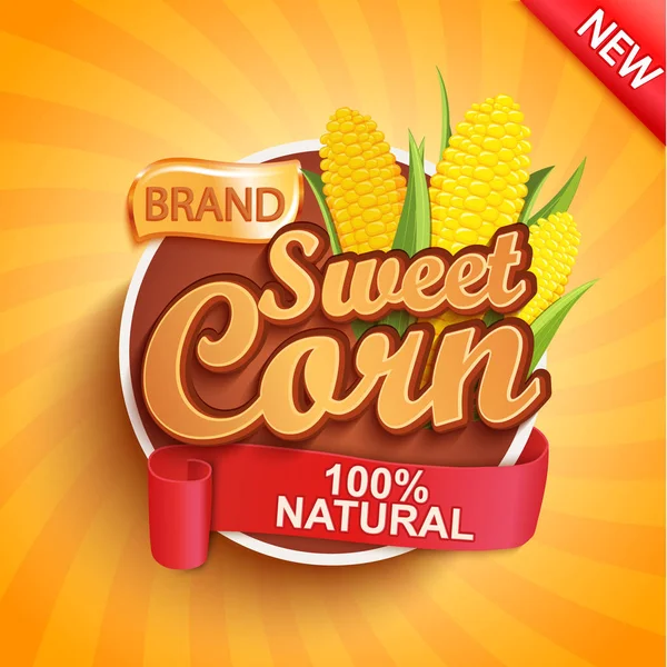 Fresh Sweet Corn Logo Label Sticker Sunburst Background — Stock Vector