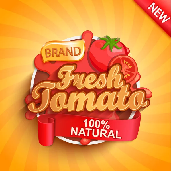 Logotipo Tomate Fresco Rótulo Adesivo Fundo Sunburst — Vetor de Stock