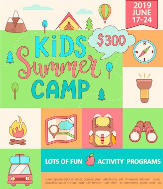 Çocuklar yaz kampı, yazı, konseptiyle için banner kamp ve seyahat tatil kamp malzemeleri ile-çadır, sırt düz stil.