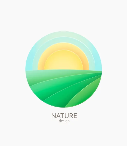 Logotipo Emblema Etiqueta Fazenda Natureza Paisagem Simples Com Sol Campos —  Vetores de Stock