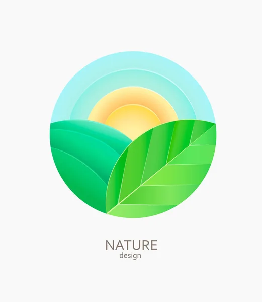 Logo Granja Naturaleza Emblema Pegatina Paisaje Simple Con Sol Campo — Vector de stock