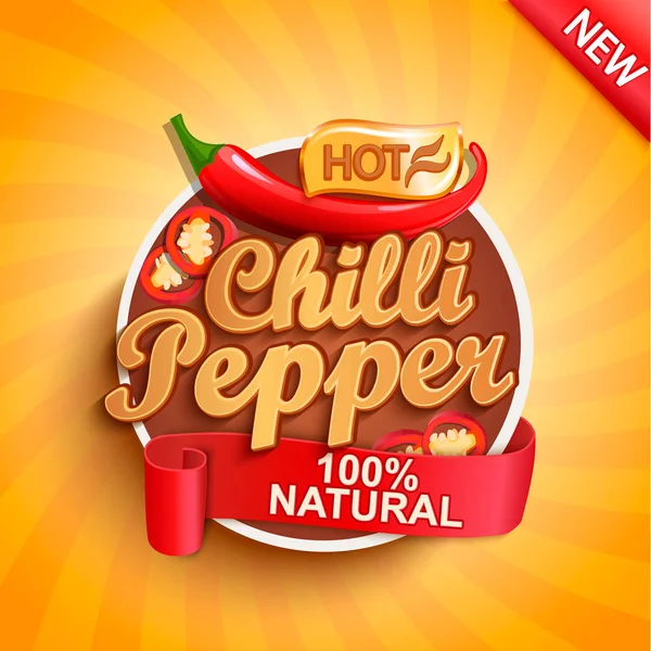 Hot chilli pepper logo, label or sticker on sunburst background.