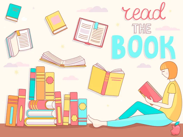 Junges Mädchen Liest Buch Bücher Der Nähe Des Schülers Schließen — Stockvektor