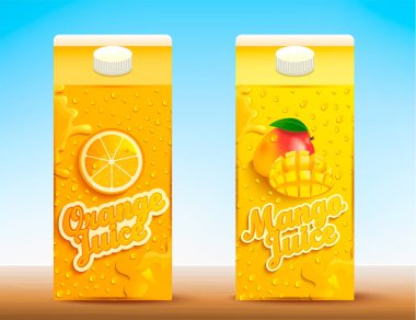 İki suyu tetra paketleri farklı tatlar ile ayarlayın. Taze ve doğal portakal ve mango suyu.
