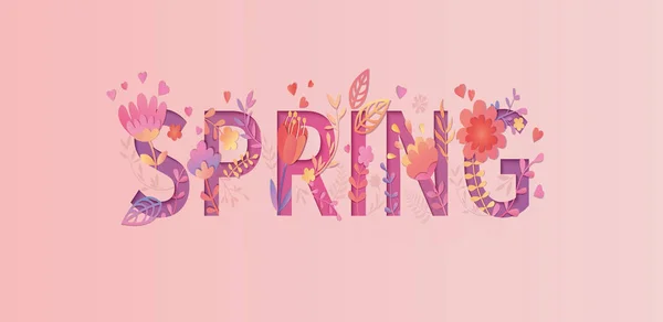 Spring Kort Papercut Stil Blommor Och Blad Rosa Bakgrund — Stock vektor