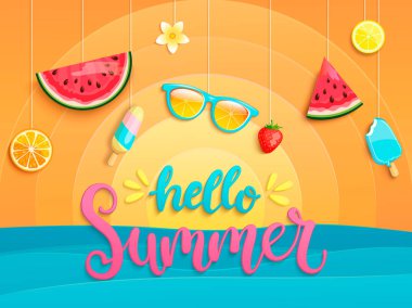 Hello Summer greeting poster with sea, sun and symbols for summertime such as ice-cream, watermelon, strawberry, glasses. clipart