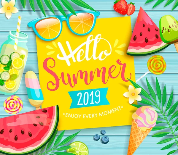 Hallo Zomer 2019 Gele Kaart Banner Met Letters Blauwe Houten — Stockvector