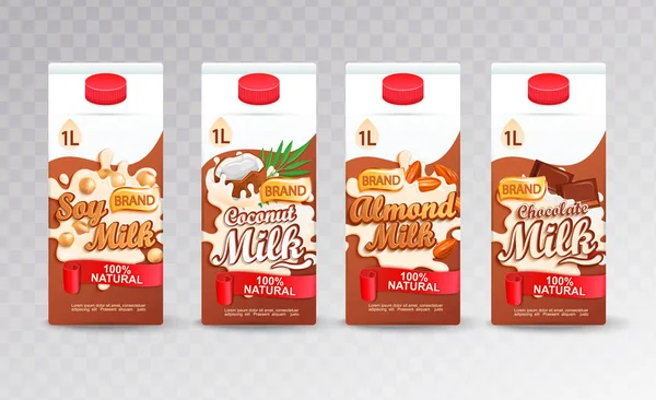 一套不同口味的牛奶茶包 新鲜天然大豆 杏仁和巧克力牛奶为您的品牌 标志包装 向量例证 — 图库矢量图片