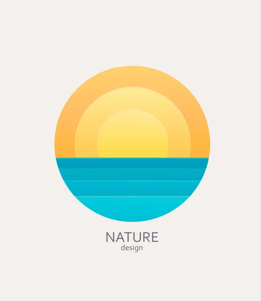 Logo Emblema Pegatina Naturaleza Paisaje Sencillo Con Sol Mar — Archivo Imágenes Vectoriales