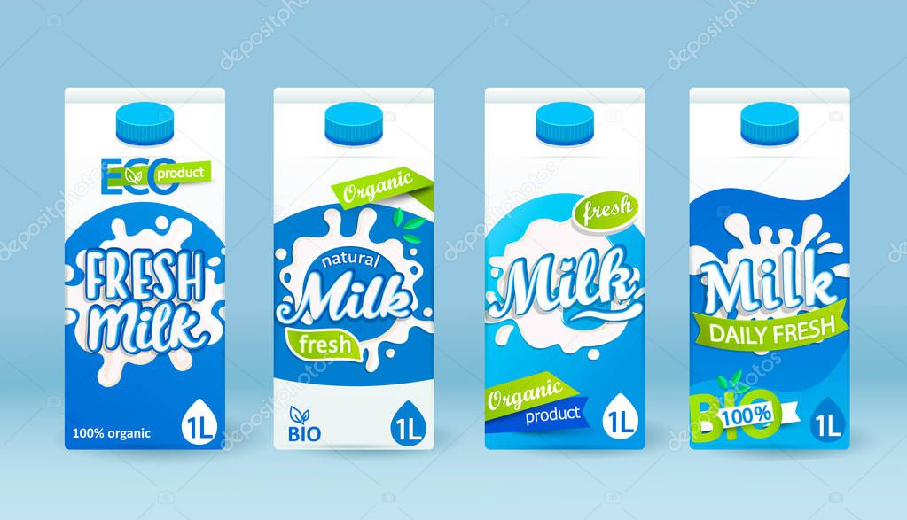 Set of milk tetra packs with different labels.