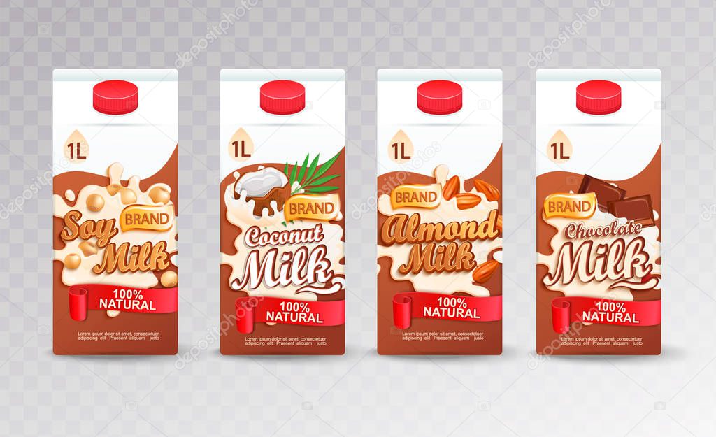 Set of milk tetra packs with different tastes.Fresh and natural soy, coconut,almond and chocolate milk for your brand,logo, template, label, emblem for packaging, packing,advertise.Vector illustration