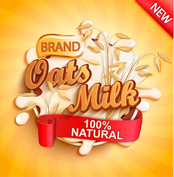 Haver Melk Label Splash Natuurlijk Vers Goud Zonnestraal Achtergrond Voor — Stockvector