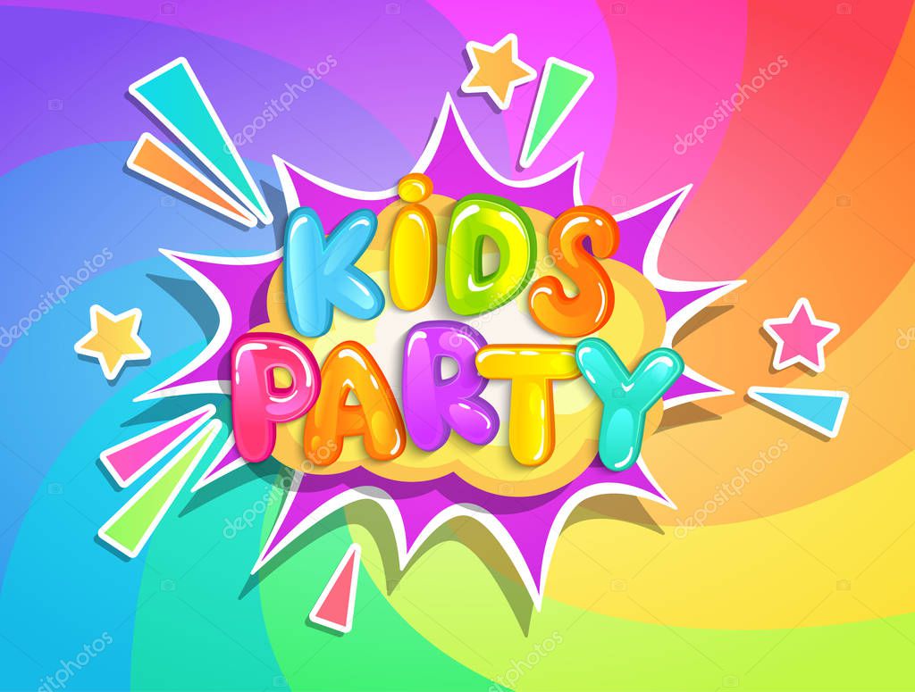 Kids party banner on rainbow swirl spiral background in cartoon style.