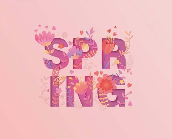 Spring Card Banner Papercut Style Flowers Leaves Grow Word Pink — Stock Vector