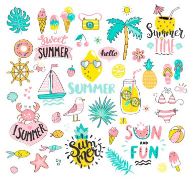 Güneş ve tekne, Güneş, içecek ve balık, yengeç, palmiye, meyve, tropikal yaprakları gibi eğlenceli unsurlar büyük yaz seti.