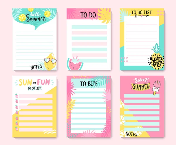 Templates Notes Buy Lists Organizer Planner Schedule Design Summer Blanks — Stock Vector