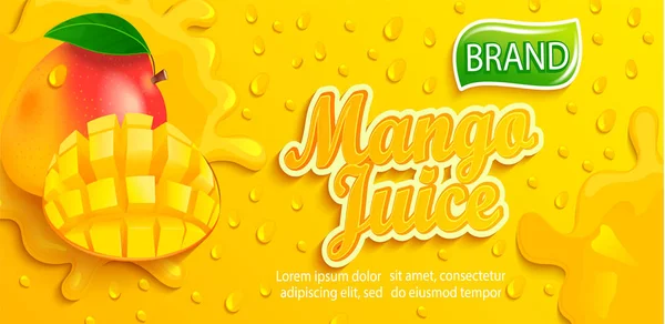 Banner Salpicadura Jugo Mango Fresco Con Gotas Apteíticas Condensación Rebanada — Vector de stock