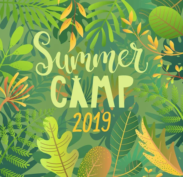 Acampamento Verão 2019 Lettering Fundo Selva Com Folhas Tropicais —  Vetores de Stock