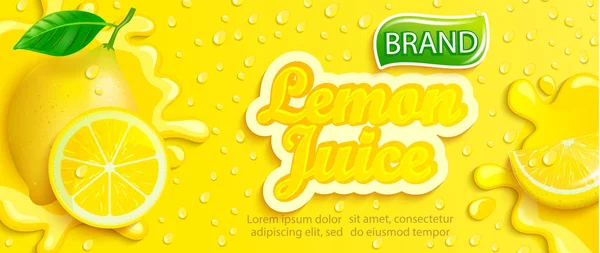 Fresh Lemon Juice Splash Banner Apteitic Drops Condensation Fruit Slices — Stock Vector