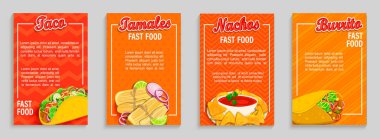 Meksika Fast Food dükkan broşürler, afiş ayarlayın. Set Taco, tamales, nachos, burrito menü sayfaları için Caffee, Resaurant.