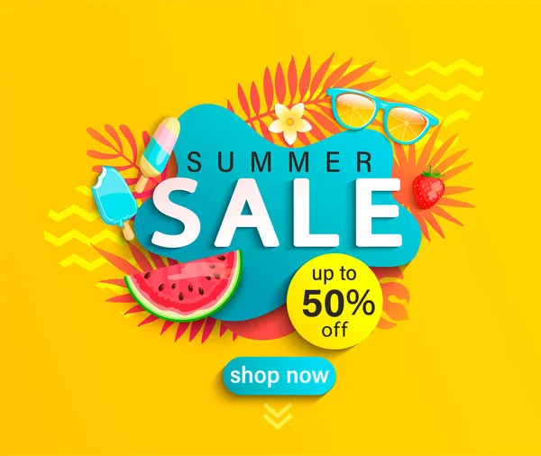 Summer Sale Banner Hot Season Discount Poster Tropical Leaves Ice — Stock Vector