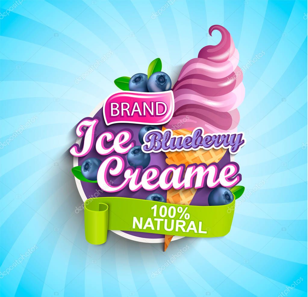 Blueberry Ice cream logo on sunburst background with berries in cone in cartoon style.