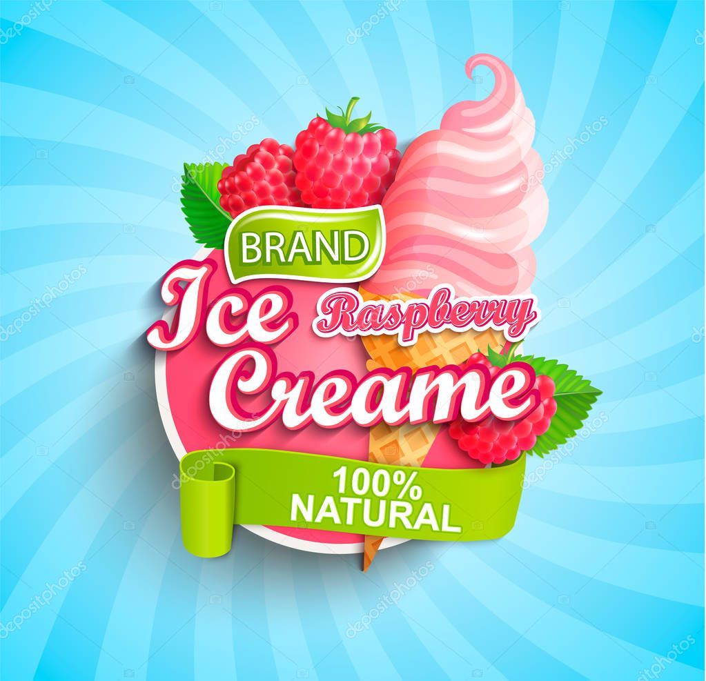 Raspberry Ice cream logo on sunburst background with berries in cone in cartoon style.
