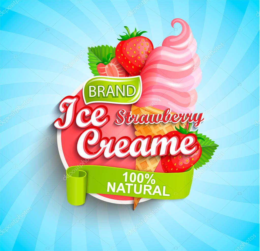 Strawberry Ice cream logo on sunburst background with berries in cone in cartoon style.
