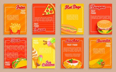 Büyük fast food dükkanı el ilanları, afişler. Patates kızartması, pizza, sosisli sandviç, hamburger ve nachos, burrito, taco ve dondurma menü sayfaları koleksiyonu.