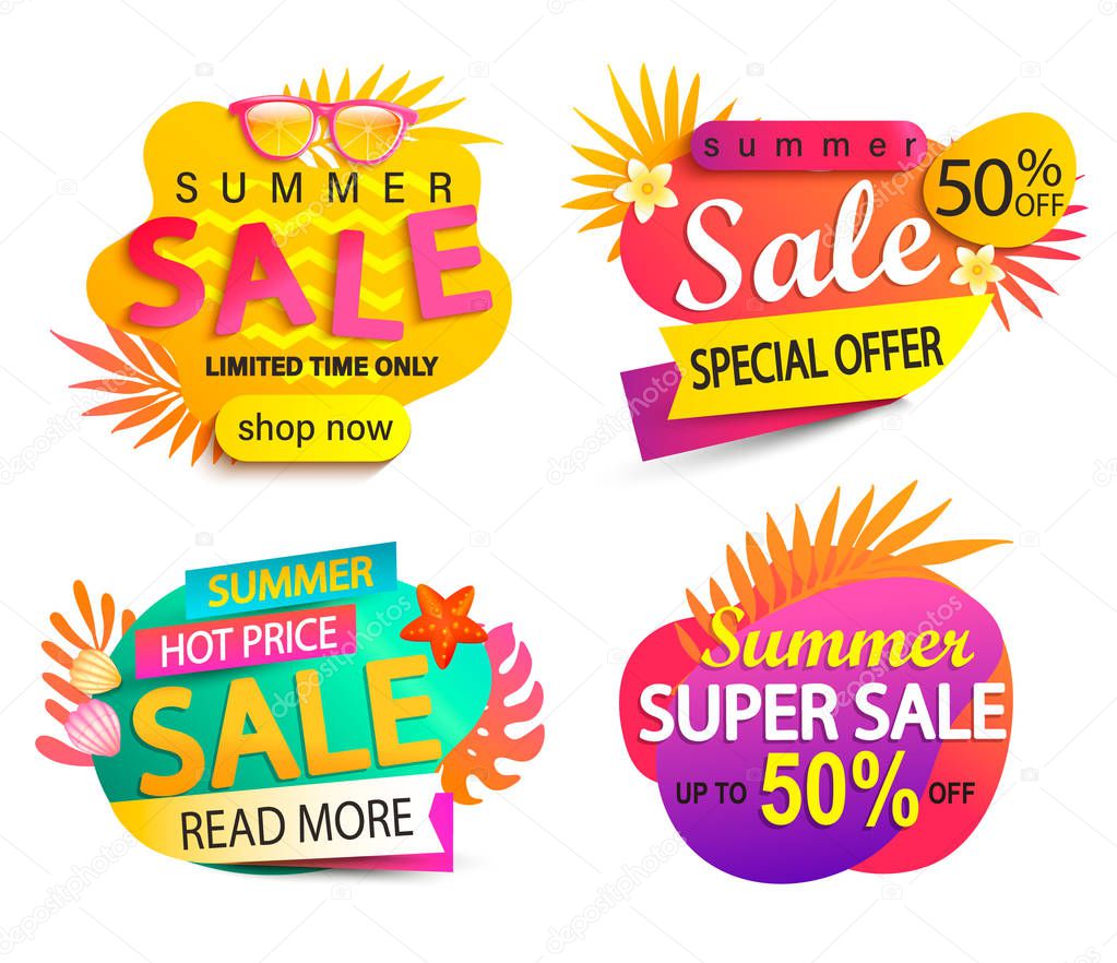Set of summer sale and discount stickers. Hot season clearance price tags.