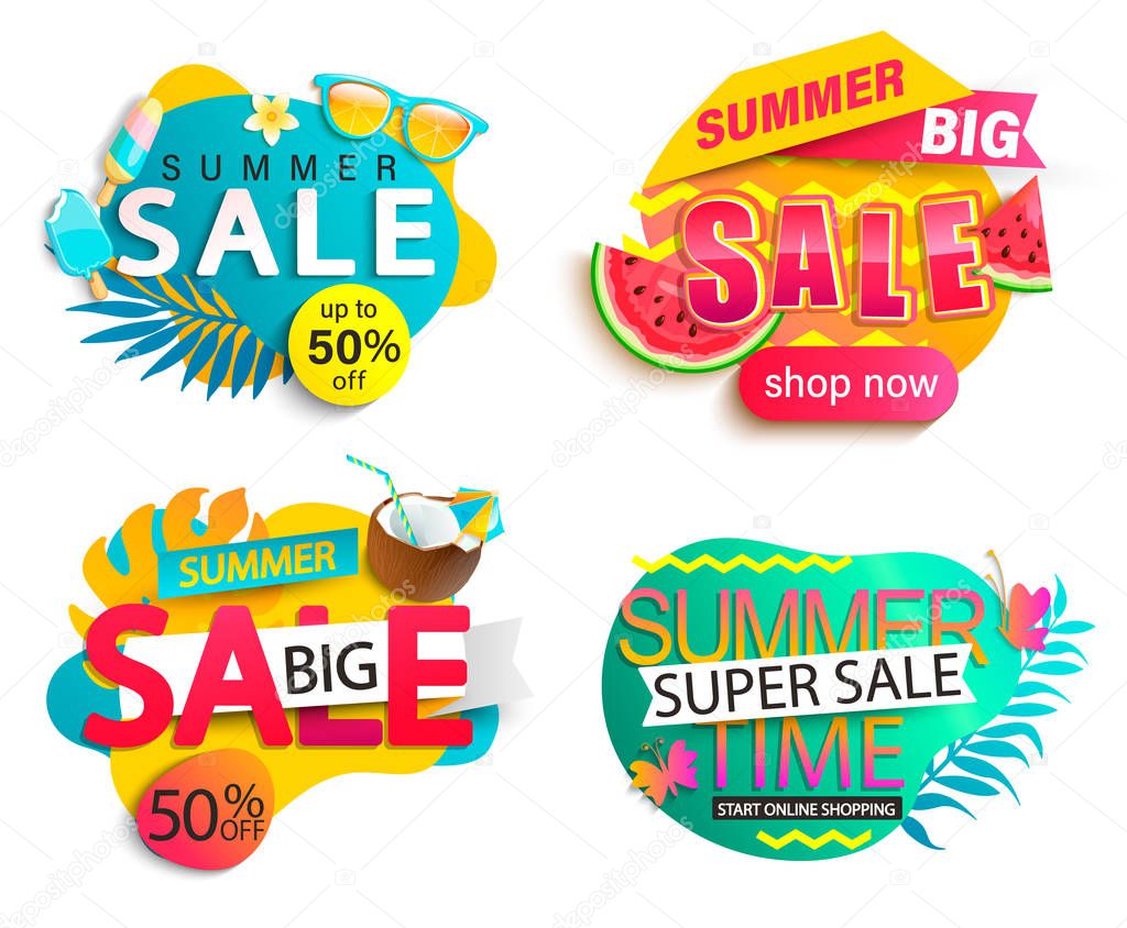 Set of summer sale and discount stickers. Hot season clearance price tags.