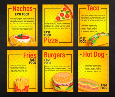 Fast food dükkanı menü sayfaları ayarlayın. Toplama patates, pizza, sosisli sandviç, burger, nachos, taco el ilanları, cafeteris için afiş, restoran.