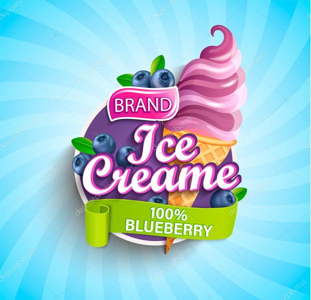Blueberry Ice cream logo on sunburst background with berries in cone in cartoon style.