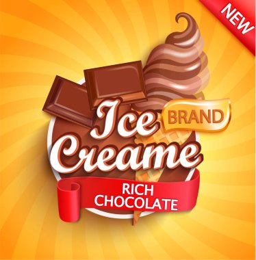 Choco parçaları ile sunburst arka plan üzerinde Çikolata Dondurma logosu.