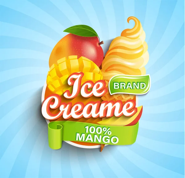 芒果冰淇淋标志在太阳爆发的背景与水果在圆锥在卡通风格 — 图库矢量图片