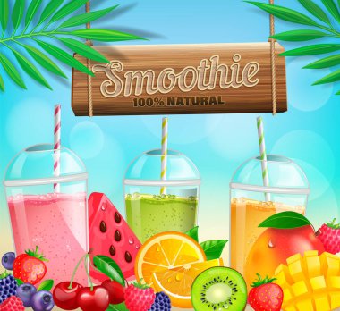 Taze Meyve ve çilek smoothies afiş kivi, mango, portakal, karpuz ve çilek, çizgili borular ile plastik bardak ile afiş.