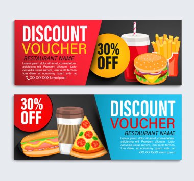 Yüzde 30 indirimli İndirim hediye çekleri ayarlayın. Fast food kuponları, pizza, sosisli sandviç, patates kızartması, kahve, hamburger, çörek ve dondurma ve metin için alan sertifikaları.