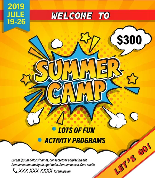 Summer Camp Inbjudan Banner Med Handritade Bokstäver Comic Speech Bubble — Stock vektor