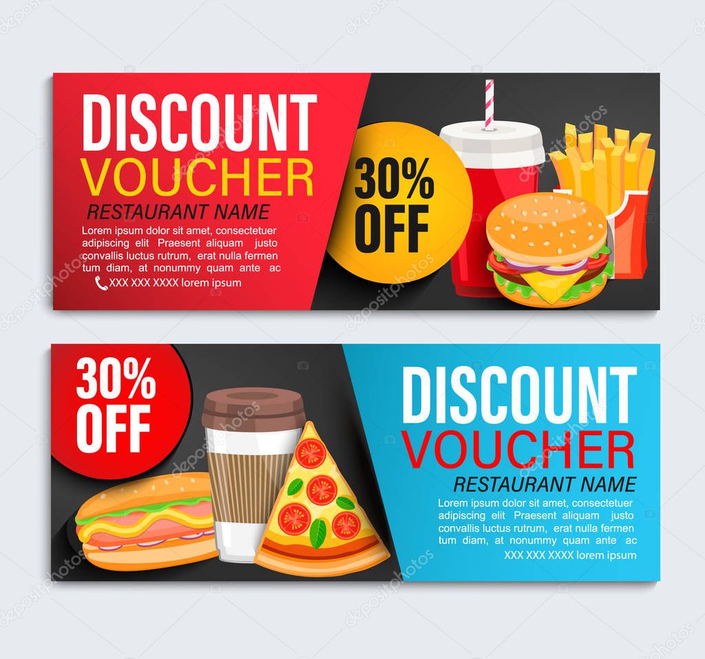 Set of Discount gift vouchers with 30 percent price off.Fast food coupons, certificates with pizza, hot dog, fries, coffee, burger, donut and ice cream and space for text.